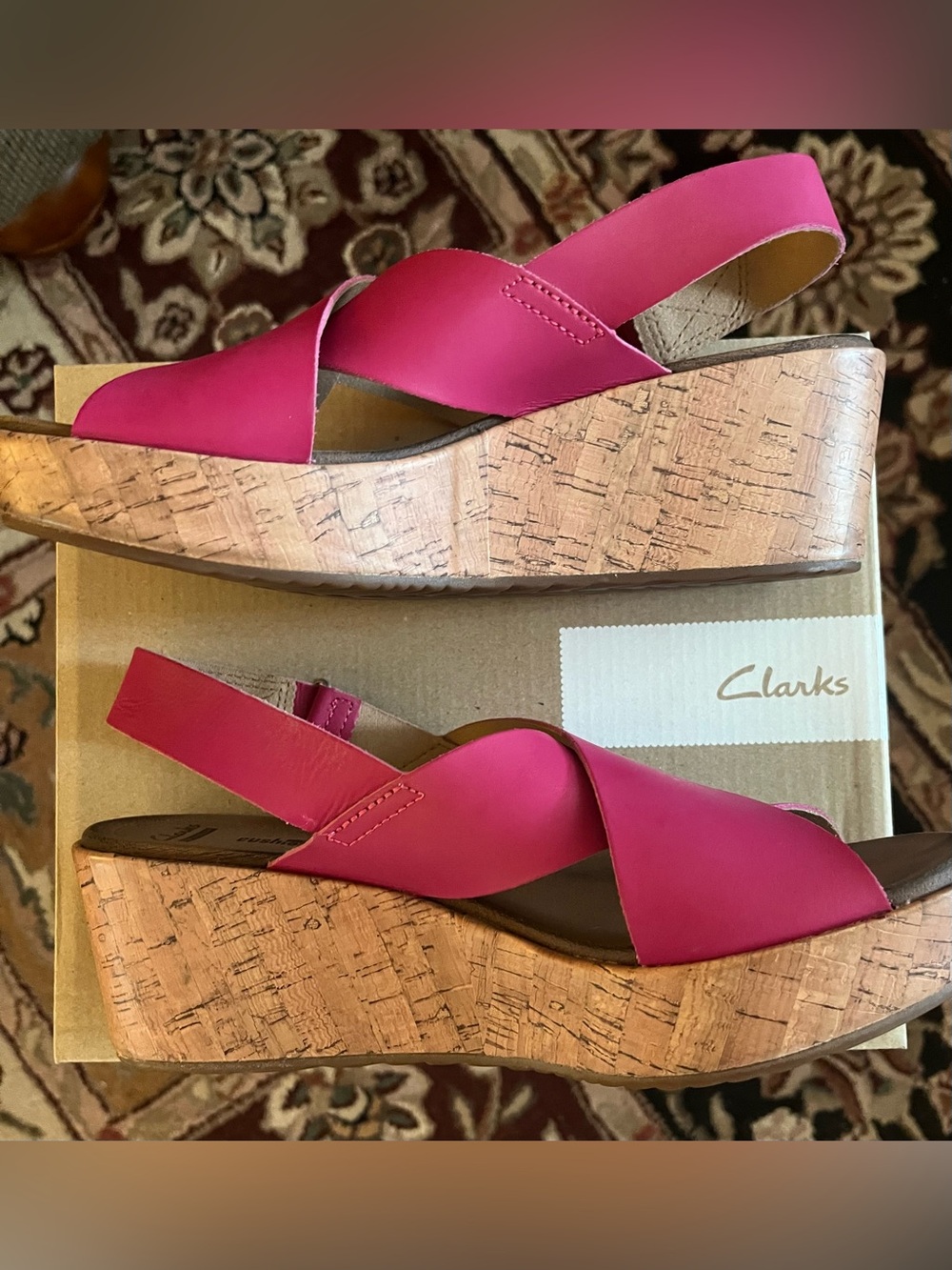 Clarks Hot Pink Cork Wedge Sandals Size 9.5